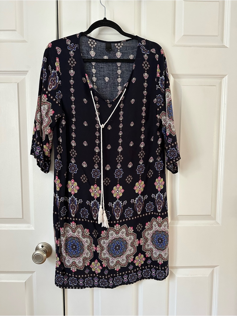 Navy Boho Floral Tassel Tunic Dress
